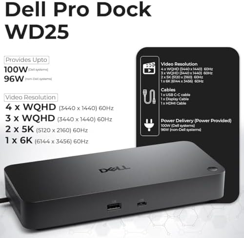 Dell Pro Dock WD25 USB-C Docking Station – 100W Power, Dual 4K Display Support, Includes Anyhdd HDMI, DisplayPort and C to C Cable, 3 Year Warranty
