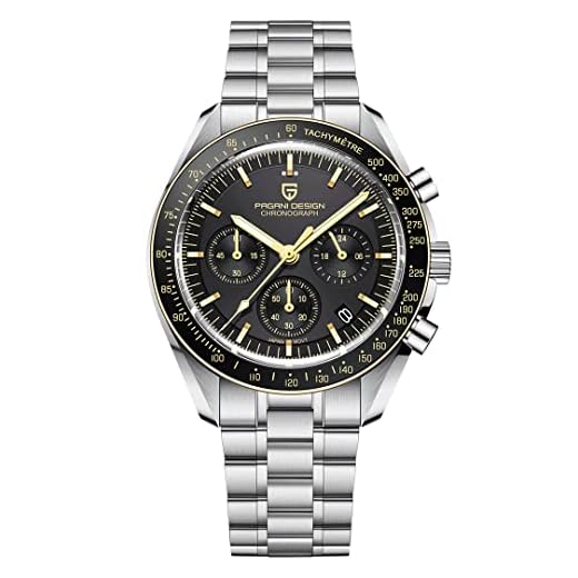 PAGANI Design 1701 Reloj Casual de Cuarzo para Hombre, Reloj automático de acero Inoxidable, cronógrafo Resistente al Agua de 100M, Reloj con Espejo de Zafiro (Amarillo PE-1701)