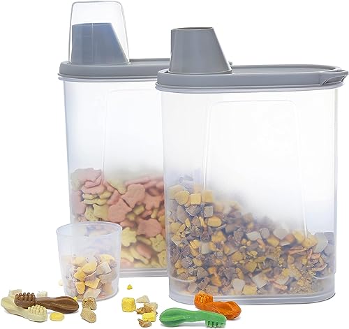 Kerhouze 2er Set Hundefutter Aufbewahrung Luftdichter Tierfutterbehälter mit Messbecher Ausgießer Futterspender für Katzefutter Vogelfutter 2.3L Grau