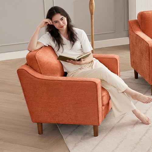 Image of Kingfun Accent Chair Set of 2, Living Room Chairs, Mid Century Reading Armchair, Chenille with Solid Wood Foot, Upholstered Modern Decor for Bedroom, Apartment