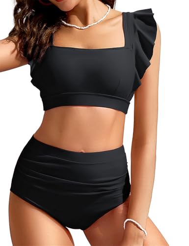 Kate Kasin Womens High Waisted Bikini Sets Ruffle Tummy Control Swimsuits Full Coverage Cheeky Two Piece Bathing Suit