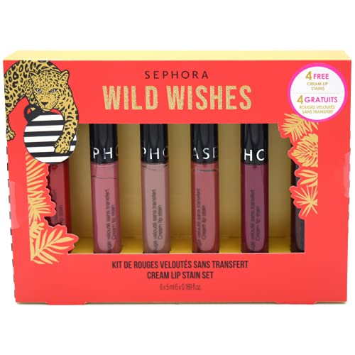 Sephora Wild Wishes Holiday Cream Lip Stain Set - always red, pink tea, rose redux, black cherry, blackberry sorbet, marvelous mauve