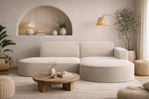 Kaiser Möbel - Ecksofa mit Wohnlandschaft, Eckcouch L-Form, Sofa 3-sitzer, Polstersofa, Bequemes Couch mit Ottomane für Wohnzimmer, Relaxsofa, Stilvolles Cord Sofa, Modena Studio, Ecru, Rechts