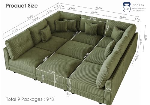 Image of LLappuil 137 inch Modular Sectional Sofa with Storage, U Shaped 9-Seat Pet-Friendly Corduroy Couch with 9 Throw Pillows, Convertible Sofa Set for Living Room, Scratch Resistant, Green