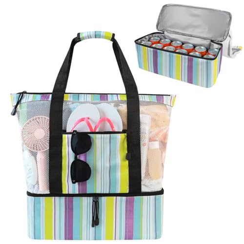 ASL Mesh Beach Bag with Cooler Compartment for Women, 2-in-1 Print Travel Tote 30L with Zipper and Pockets, Pool Picnic, Blue Vertical Stripes