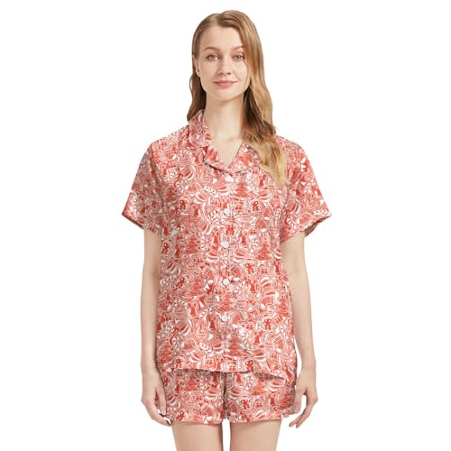 Image of Funny Pajamas for Women Set Print Satin Loungewear Pjs Short Sleeve Button Down Top and Shorts Sets Sleepwear XS-3XL