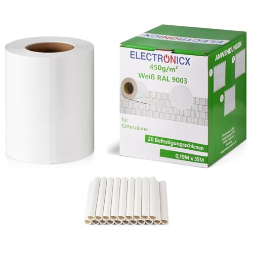 Electronicx PVC Sichtschutzstreifen Weiß (RAL 9003) | Sichtschutz Zaunfolie Doppelstabmatten | 35m x 19 cm | 450g/m² | UV-beständig, Blickdicht, inkl. 20 Befestigungsclips