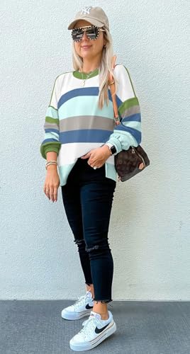 Image of Womens Sweaters Causal Crewneck Batwing Sleeve Knit Top Side Split Oversized Pullover Sweater Loose Jumper