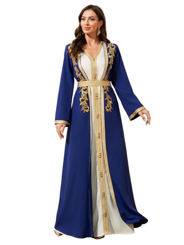 Abaowedding Elegant Royal Blue Muslim Robe, Gold Embroidered Trim, Long