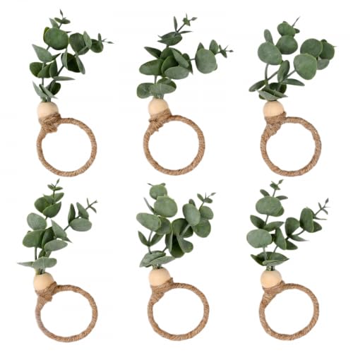Merzio 6 Pcs Rustic Eucalyptus Napkin Rings Set Farmhouse Boho Green Leaf Wood Bead Napkin Holder for Spring Fall Thanksgiving Christmas Easter Wedding Family Banquet and Table Decor