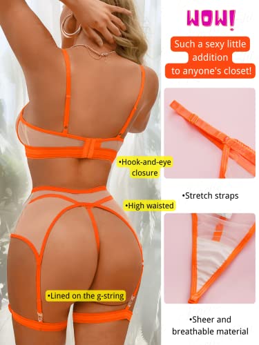 Kaei&Shi Glow in the Dark Lingerie,Underwire Fluorescent 4 Piece Sexy Lingerie for Women,Thigh Straps Matching High Waisted Garter Belt Lingerie Set Blacklight Neon Orange Large - Image 4