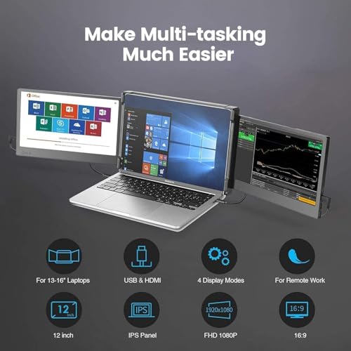 Image of Teamgee 12 inch Laptop Screen Extender, Dual Display Triple Setup, Portable Monitor for 13 inch-16 inch Laptops, USB-C /HDMI /USB-A Plug & Play, Ideal for Remote Work & Multitasking