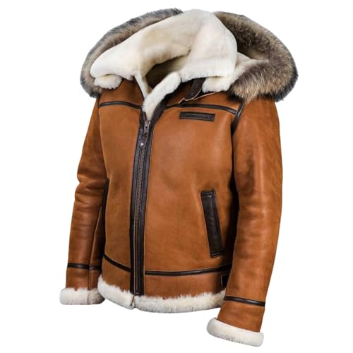 Mens Faux Suede Shearling Leather Coat Zipper Fur Hooded Sherpa Lined Brown Winter Thicken Warm Jacket Outwear Pocket