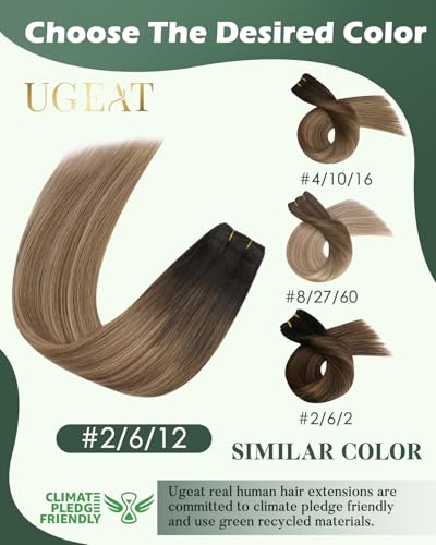 Image of Ugeat Balayage Human Hair Weft Extensions Ombre Sew in Weft Hair Extensions Human Hair Darkest Brown Balayage Medium Mix Golden Brown Invisible Double Weft 16 Inch 100G