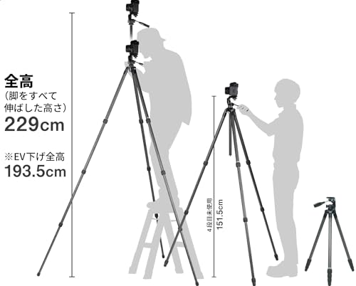 SLIK カーボン三脚 ライトカーボン E84H II 4段 耐荷重5kg 全高2m以上 パイプ経28mm 3WAY雲台 ダブルナット式 109441