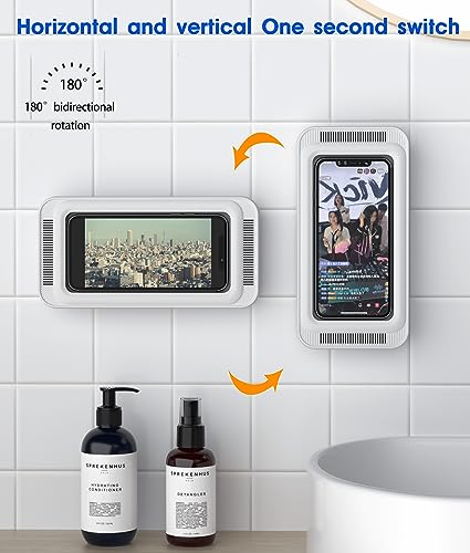 Image of Waterproof Shower Phone Holder with 360 Rotation, Angle Adjustable, Enhanced Sound Quality, Wall Mounted Phone Holder for Bathroom Mirror Bathtub Kitchen, Up to 7 Inch (White)