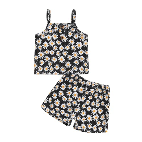 Image of Loalirando Toddler Baby Girl Summer Tracksuit Sleeveless Daisy Print Spaghetti Strap Camisole Vest Elastic Waist Shorts 2Pcs Clothes for Little Girls (Black, 12-18 Months)