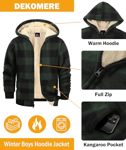 Image of Boys Fleece Jacket with Hood Unisex Child Sherpa Lined Zip Up Warm Coat Hooded Sweatshirt Outerwear