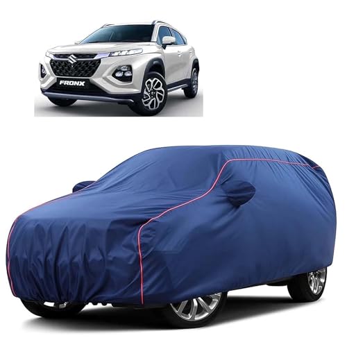Image of Sulfar 100% Water Resistant Car Body Cover Compatible with Mirror for Maruti Suzuki Fronx (Triple Stitched, Full Bottom Elastic, Blue Tafetta with Red Piping)