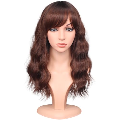 Brown Wavy Wigs For Women Synthetic Wigs With Bangs For Daily Use 16 Inch(Ombre Brown)
