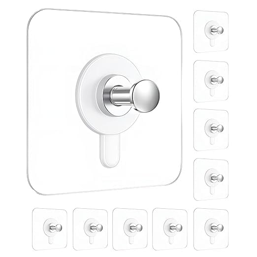 Image of Eightiz 10 Pack Heavy Duty Self-Adhesive Screw Hooks as Strong Wall Hanging Solutions Without Drilling for Kitchen and Bathroom Accessories (Screw Hook Hanger, Trasparent)