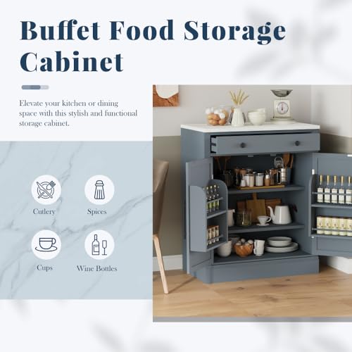Image of Modern Freestanding Kitchen Pantry,Buffet Food Storage, Coffee Bar Cabinet with Drawer, 2 Adjustable Shelves and 2 Door Shelves for Dining, Kitchen, White (Gray + MDF + Farmhouse-1)