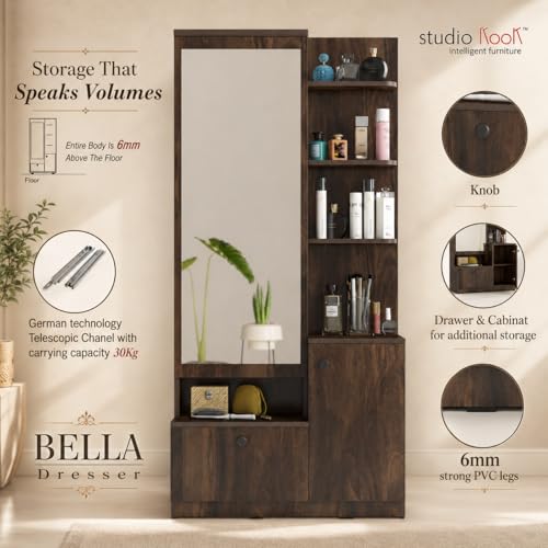 Image of Studio Kook Bella Dressing Table with Mirror and Storage, Junglewood | Engineered wood, Full-length mirror, Soft-close hinges, 30kg telescopic drawer, Open shelves + cabinet storage, Matte finish