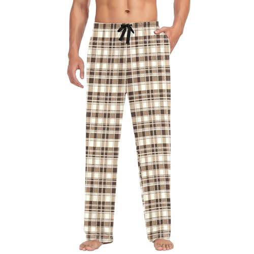 Mens Cotton Pajama Pants Sleep Lounge Pj Bottoms Sleepwear with Pockets Drawstring S Brown Beige