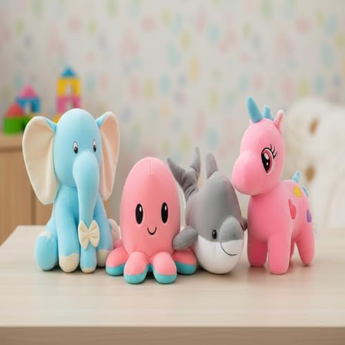 Image of Pack of 4 Elegant Soft Toys Combo Set (Blue Appu-Optopus-Grey Dolphine-Unicorn)