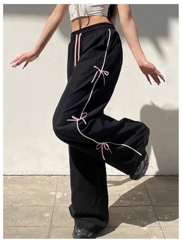 Girl's Y2k Bow Baggy Pants Parachute Track Pants Wide Leg Loose Sweatpants Drawstring Joggers Hip Hop Dance4