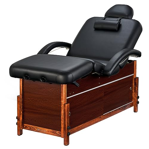 Master Massage Cabrillo Stationary Massage Table- Facial Beauty Lash Bed– 4 Section Salon Spa Bed with Storage Cabinet - Pneumatic Tilting Backrest & Leg Rest, Black with Walnut Legs, 30 Inch
