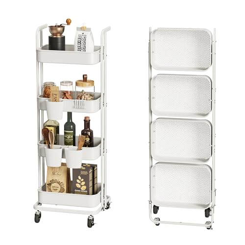 Image of DTK 4 Tier Foldable Rolling Cart, Metal Utility Cart with Lockable Wheels, Folding Storage Trolley for Living Room, Kitchen, Bathroom, Bedroom and Office, White