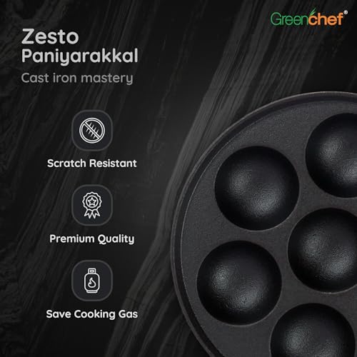 Image of GREENCHEF Pre-Seasoned Cast Iron Zesto Paniyarkkal 7 Pits | Pre-Seasoned with 100% Vegetable Oil | Naturally Nonstick | High Pressure Casting | High Strength | Bring Back Nostalgic Taste | Toxin-Free