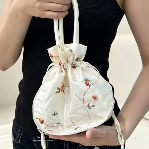 Image of Silk Jewelry Bag Retro Embroidery Fabric Hand Bag Large Off-White | 2PCS Bulk Brocade Pouch Drawstring Gift Bag ,for Candy Wedding Party Presents Snacks & Jewelry