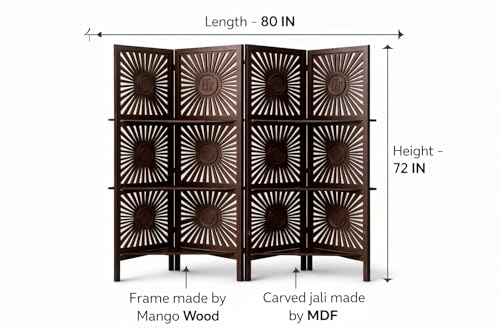 Image of Wooden Room Divider 6 Feet, 4-Panel Folding Wooden Partition for Living Room, Office, Pooja Room, Restaurant, Kitchen & Balcony (2W x 1.82H Meters). (Brown-Shelves)