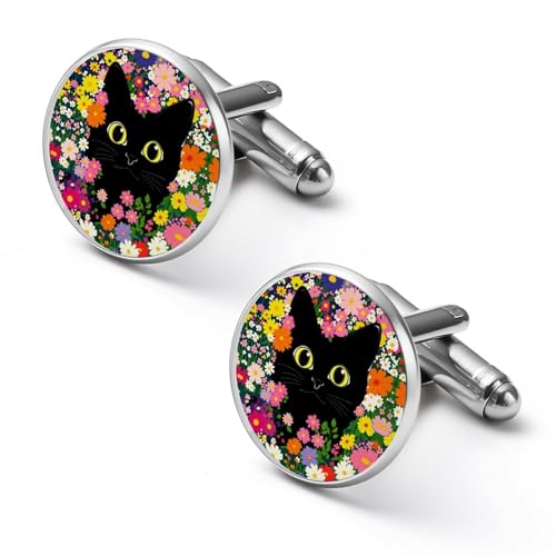 Black Cat Floral Garden Pattern Cufflinks for Men, Shirt Cuff Links Set of 2, Adult Gifts, Fashion Accessories for Business Wedding Party 2.0cm