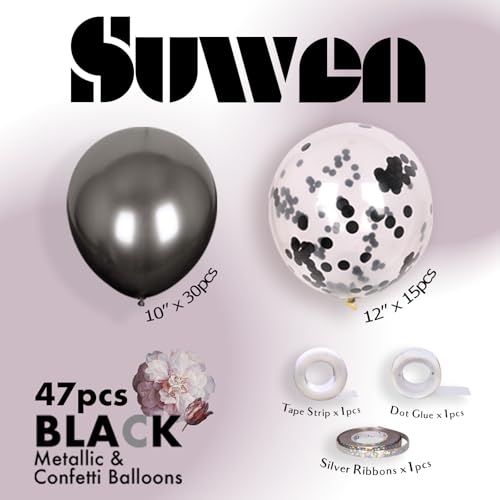 Image of SUWEN Black Metallic and Confetti Balloons Set 47PCS Latex Helium Chrome | Black Balloon for Birthday Graduation Anniversary Party Decorations