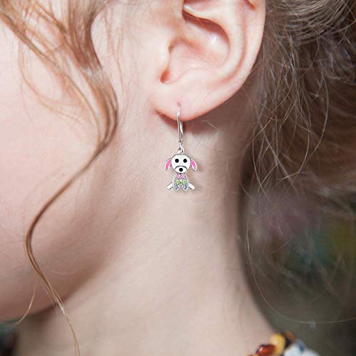 Kids Earrings - 925 Sterling Silver with a White Gold Tone Pink Enamel and Crystal Dog3