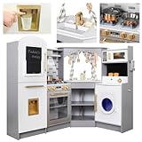 Large Wooden Corner Play Kitchen Sets with Ice Maker,Water Dispenser,Bread Maker,Washing Machine,Electronic Display,Toy Sink with Running Water,Stove with Light&Sounds, Birthday Gift for 3+