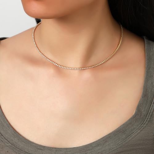 Tennis Necklaces for Women Dainty 14K Gold Plated Diamond Tennis Choker Necklace Sparkly Rhinestone Necklace Bling Cubic Zirconia Necklace Tennis Chain for Women Men4