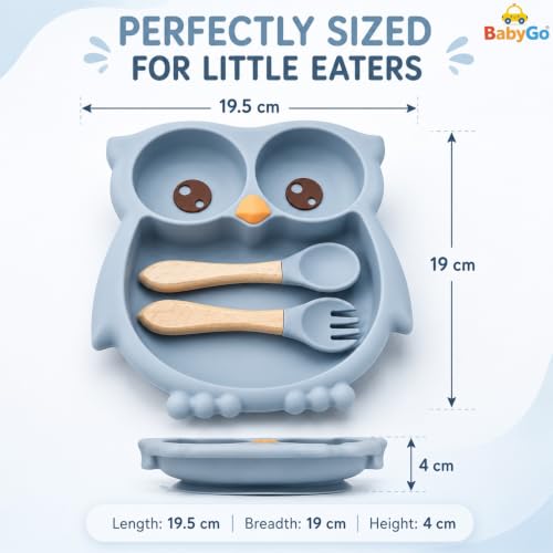 Image of BabyGo Silicone Suction Plate for Babies & Toddlers | 3-Section Owl-Shaped Feeding Set | Strong Suction Cups | BPA-Free, Microwave Safe | Self-Feeding| 1 Plate & 2 Spoons | Blue