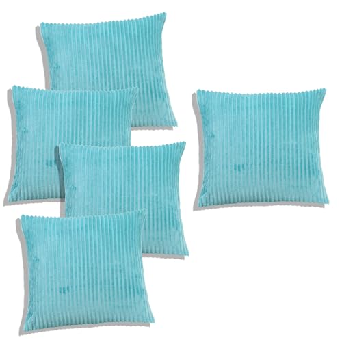 Image of RD TREND Cushion Cover Set of 5, Decorative Sofa Living Room Home Square Cushion Covers 16 Inch x 16 Inch, Aesthetic Corduroy Striped Double Sided (Aqua,Pack of 5)