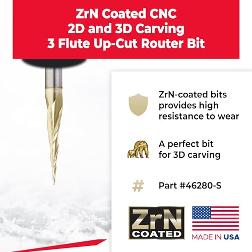 Image of Amana Tool Up Cut Spiral CNC Router Bits for 2D /3D Carving, ZrN Coated, 46280-S, 6.2 Deg Tapered Angle Ball Tip x 1 /32 D x 1 /64 R x 1 x 1 /4 Shk x 3 Fl