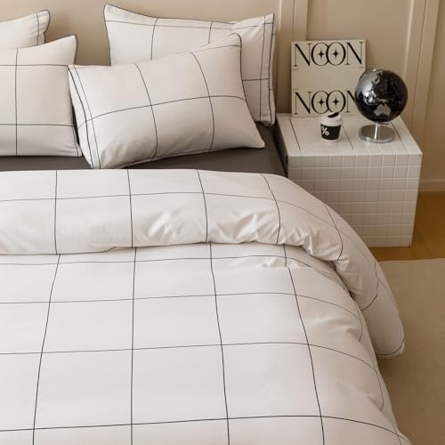 Image of KAREVER White Grid Comforter Twin Boys Grils Black Square Lines Checkered Bedding Set Twin White Plaid Comforter Twin Size