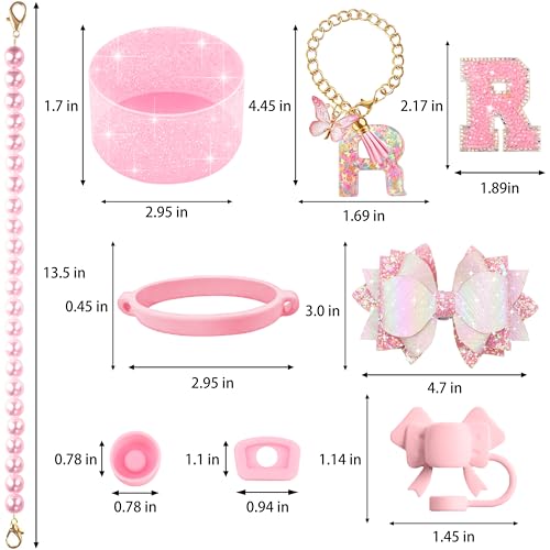 Hpebl 9PCS Pink for Stanley Cup Accessories Set Bling Initials Bow Charms for Stanley Decorations 30/40 Oz Tumbler Accessories Including Bow Straw Topper, Handle Strap, Spill Stopper（Letter R） - image 3