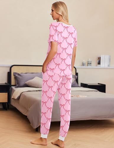 Image of Ekouaer Pajamas for Women Set 2 Piece Fall Lounge Sets Short Sleeve Pjs Joggers Long Pants Sleepwear with Pockets