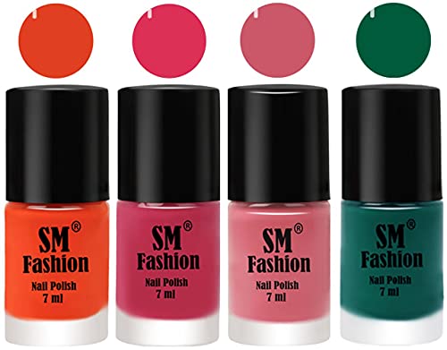 Image of Nail Polish Combo Set (Pack of 4) Quick Dry Gel Finish Nail Paint | Reddish Orange ,Dusty Pink,Nude Pink,Green | 7 ml Each