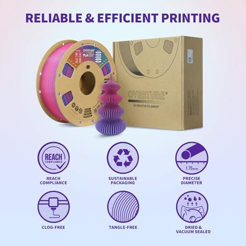 Image of OVERTURE Rainbow PLA Filament 1.75mm, Neatly Wound 3D Printer Filament 1kg Spool (2.2lbs), Dimensional Accuracy + /- 0.02 mm, Fit Most FDM 3D Printers (Aurora Berry)