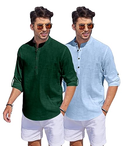 Image of Bellstone Men's Cotton Blend Straight Kurta Shirt Combo with Mandarin Collar - Slim Fit Casual Short Kurti Set Featuring Textured Slub Fabric and Roll-Up Full Sleeves