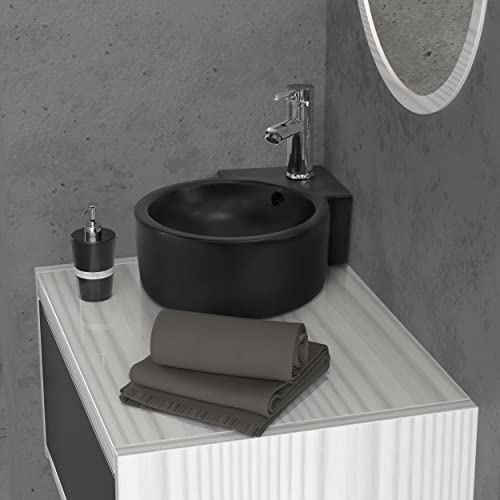 ML-Design Lavabo Esquinero de Cerámica 45 x 36 x 13 cm Negro con Rebosadero Fregadero Redondo de Pared o Sobre Encimera Pila de Diseño Moderno Lavamanos para Baño o Aseo con Agujero para Grifo